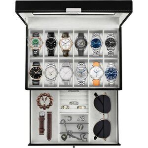 Watch Display Box 12 Slot PU Leather Jewelry Organizer with Glass Lid Drawer